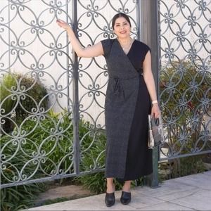 CABI Dress Sz Medium Black 5609 Disco Polka Dot Wrap Maxi Tie Waist Stretch